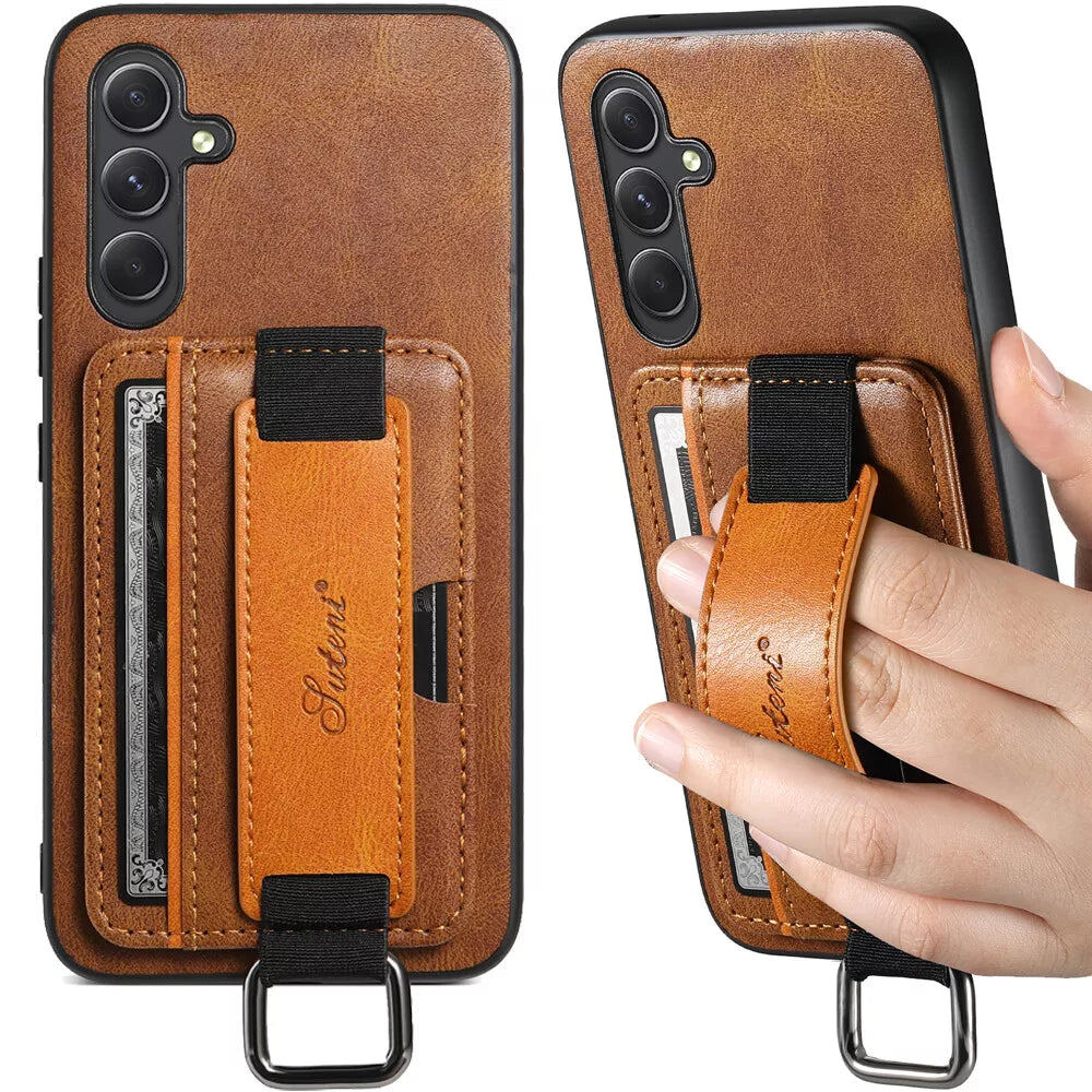 Kortholderdeksel for Samsung Galaxy S24 Ultra i PU-skinn med håndstropp og støttefunksjon.